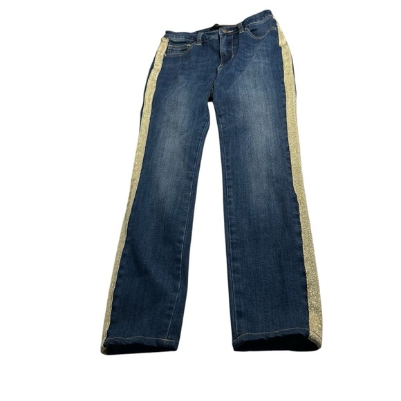BEBE Gold Glitter Tuxedo Striped Skinny Jeans Sz 26 - Picture 2 of 12